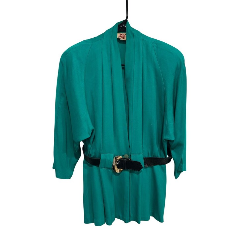 Vintage Katie MFG Teal Kimono Style Jacket Black Belt Size 9-10 Retro Boho